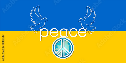 The banner of peace symbols on the Ukrainian flag calls for peace and ceasefire to end the war.