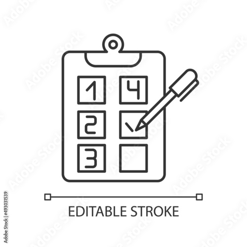Plan adherence linear icon. Building goals. Business strategy and project. Objectives checklist. Thin line illustration. Contour symbol. Vector outline drawing. Editable stroke. Arial font used