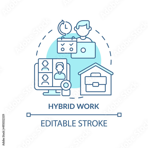 Hybrid work turquoise concept icon. Flexible shifts time. Trends in enterprise abstract idea thin line illustration. Isolated outline drawing. Editable stroke. Arial, Myriad Pro-Bold fonts
