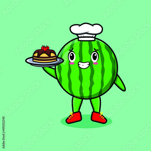 Cute Cartoon chef watermelon mascot character serving cake on tray cute style design in 3d cartoon style concept
