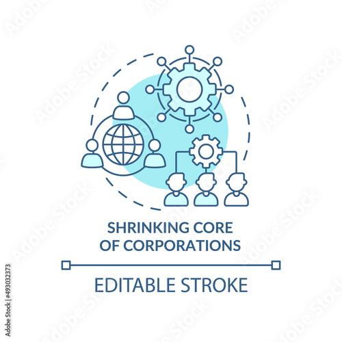 Shrinking core of corporations turquoise concept icon. Trends in enterprise abstract idea thin line illustration. Isolated outline drawing. Editable stroke. Arial, Myriad Pro-Bold fonts used