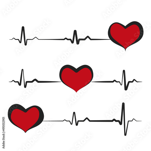 Black heartbeat with red heart isolated on white background. Electro-cardiogram, pulse of heart. Love icon, logo. Design element for medicine, Valentine's day. Vector illustration. EPS10.