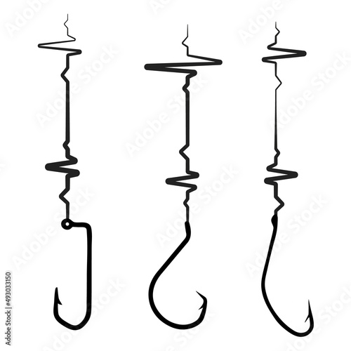 Black fishing hooks on fishing line shaped like heartbeat isolated on white background. Design element for fishing. Vector illustration. EPS10.