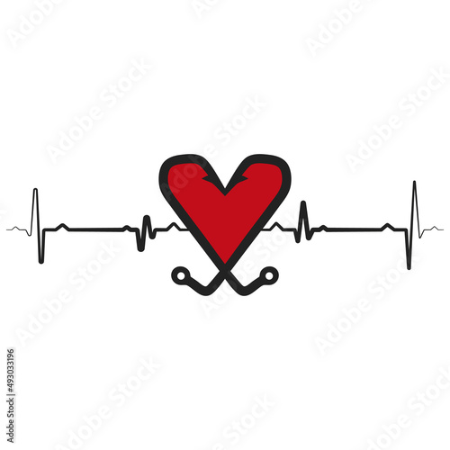 Fishing logo isolated on white background. Fishing hooks in shape of heart. Red heart icon Black heartbeat with hooks. Vector illustration. EPS10.