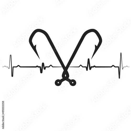 Fishing logo, icon isolated on white background. Fishing hooks in shape of heart. Black heartbeat with hooks. Vector illustration. EPS10.