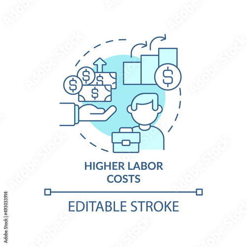 Higher labor costs turquoise concept icon. Worker benefits. Macro economy trends abstract idea thin line illustration. Isolated outline drawing. Editable stroke. Arial, Myriad Pro-Bold fonts used