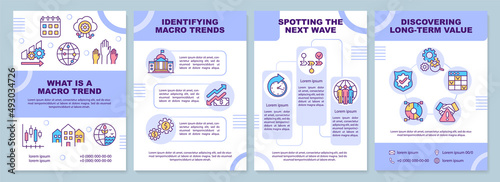 Macro trends purple brochure template. Innovations and growth. Leaflet design with linear icons. 4 vector layouts for presentation, annual reports. Arial-Black, Myriad Pro-Regular fonts used
