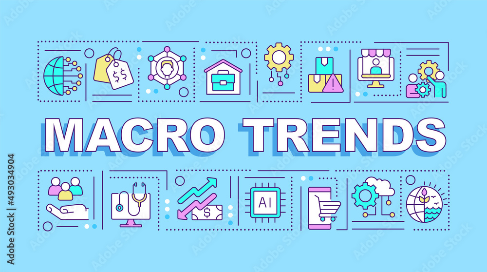 Macro trends word concepts blue banner. Innovation and growth. Infographics with icons on color background. Isolated typography. Vector illustration with text. Arial-Black font used Macro trends word concepts blue banner. Innovation and growth. Infographics with icons on color background. Isolated typography. Vector illustration with text. Arial-Black font used