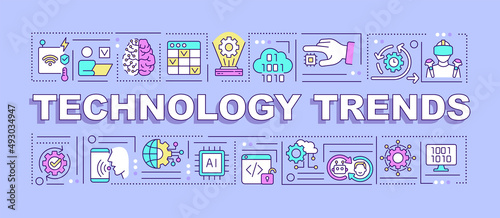 Technology trends word concepts purple banner. Digital industry. Infographics with icons on color background. Isolated typography. Vector illustration with text. Arial-Black font used