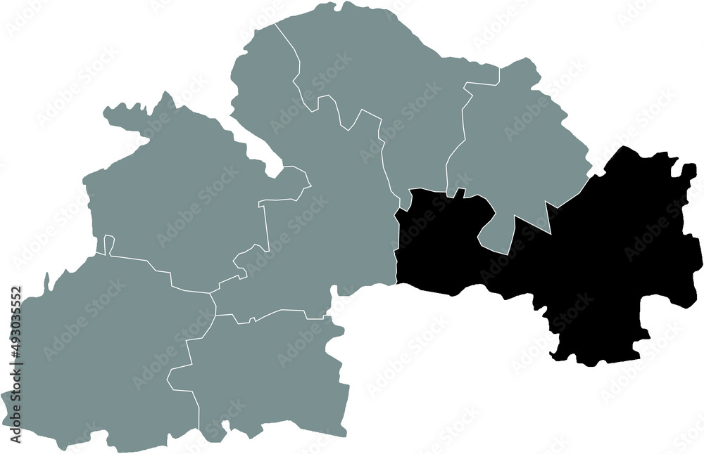 Black flat blank highlighted location map of the SYNELNYKOVE RAION inside gray raions map of the Ukrainian administrative area of Dnipropetrovsk (Sicheslav) Oblast, Ukraine