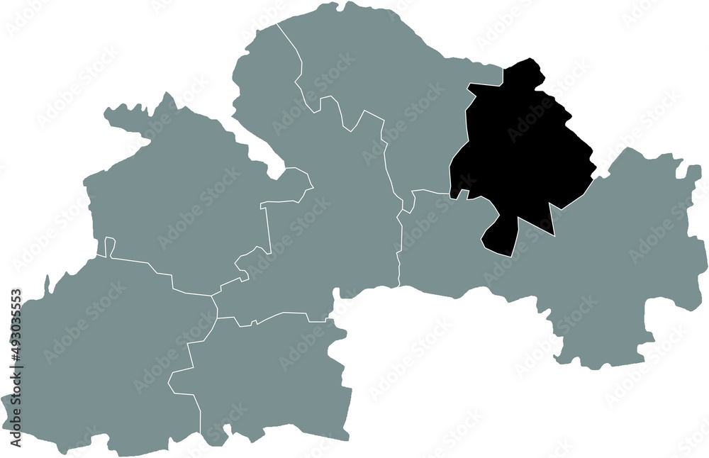 Black flat blank highlighted location map of the PAVLOHRAD RAION inside gray raions map of the Ukrainian administrative area of Dnipropetrovsk (Sicheslav) Oblast, Ukraine