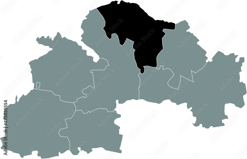 Black flat blank highlighted location map of the NOVOMOSKOVSK RAION inside gray raions map of the Ukrainian administrative area of Dnipropetrovsk (Sicheslav) Oblast, Ukraine