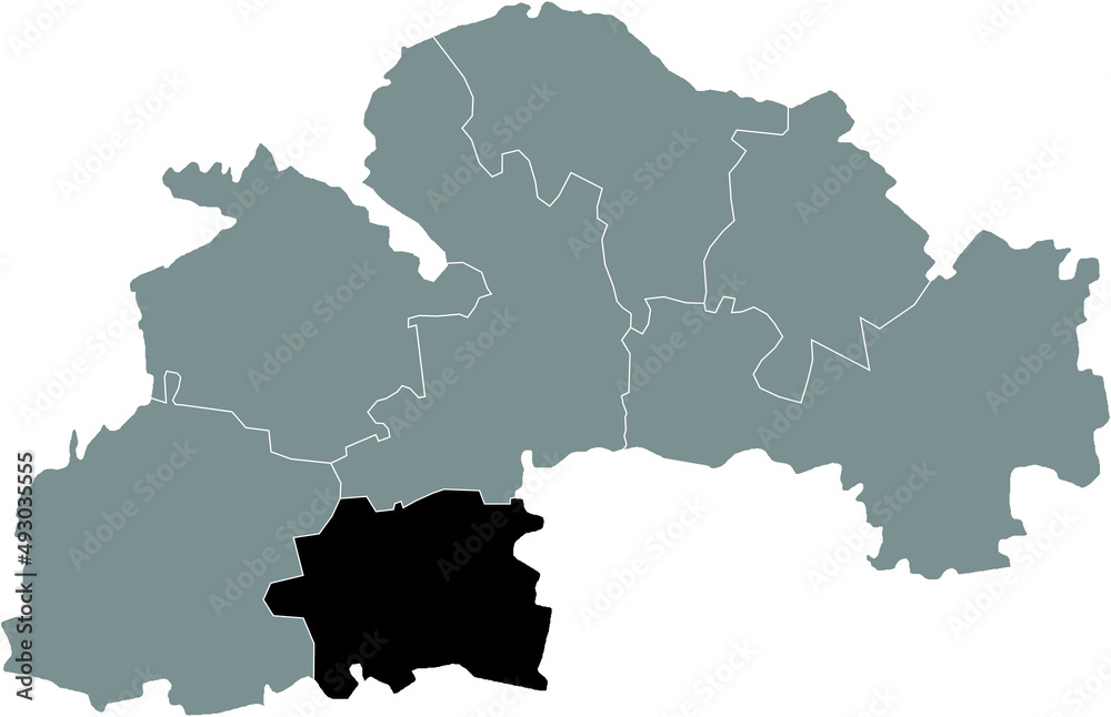 Black flat blank highlighted location map of the NIKOPOL RAION inside gray raions map of the Ukrainian administrative area of Dnipropetrovsk (Sicheslav) Oblast, Ukraine