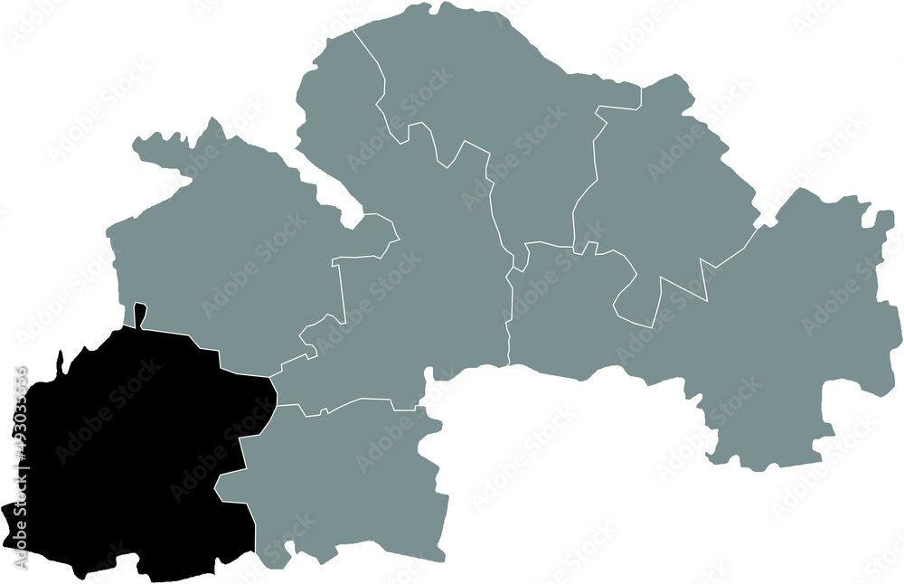 Black flat blank highlighted location map of the KRYVYI RIH RAION inside gray raions map of the Ukrainian administrative area of Dnipropetrovsk (Sicheslav) Oblast, Ukraine