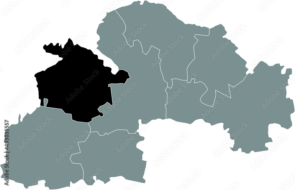 Black flat blank highlighted location map of the KAMIANSKE RAION inside gray raions map of the Ukrainian administrative area of Dnipropetrovsk (Sicheslav) Oblast, Ukraine