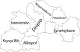 White flat vector map of raion areas of the Ukrainian administrative area of DNIPROPETROVSK (SICHESLAV) OBLAST, UKRAINE with black border lines and name tags of its raions