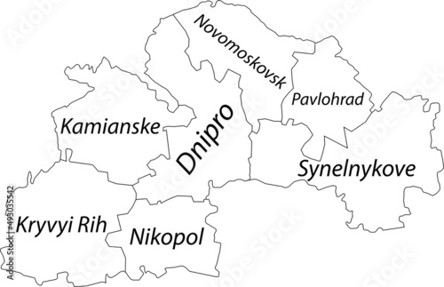 White flat vector map of raion areas of the Ukrainian administrative area of DNIPROPETROVSK (SICHESLAV) OBLAST, UKRAINE with black border lines and name tags of its raions photo