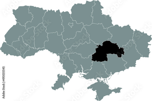 Black flat blank highlighted locator map of the Ukrainian administrative area of DNIPROPETROVSK  SICHESLAV  OBLAST inside gray flat map of UKRAINE