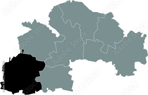 Black flat blank highlighted location map of the KRYVYI RIH RAION inside gray raions map of the Ukrainian administrative area of Dnipropetrovsk  Sicheslav  Oblast  Ukraine