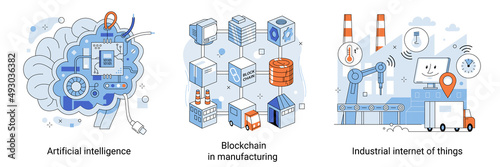 Futuristic factory work scheme. Industrial blockchain in manufacturing. Robot assembly, smart production metaphor. Use artificial intelligence and Internet of things technologies in global production