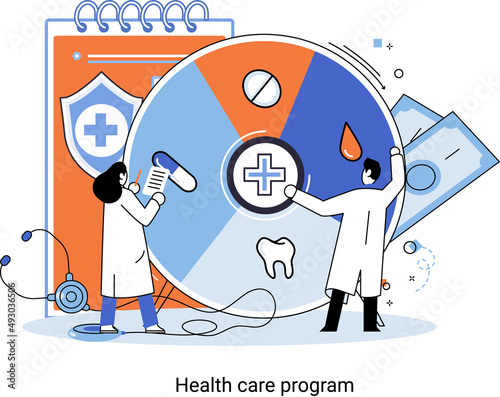 Health care program metaphor, online medical services, protection medicine. Medical insurance, hospital services, preventive check up, sick leave certificate treatment diagnosis patients, telemedicine