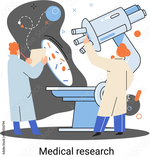 Medical research metaphor. Laboratory diagnostic services, Scientists work equipment and microscope. Virologists chemistry clinic laboratories, microbiology pharmaceutical research. Vaccine discovery