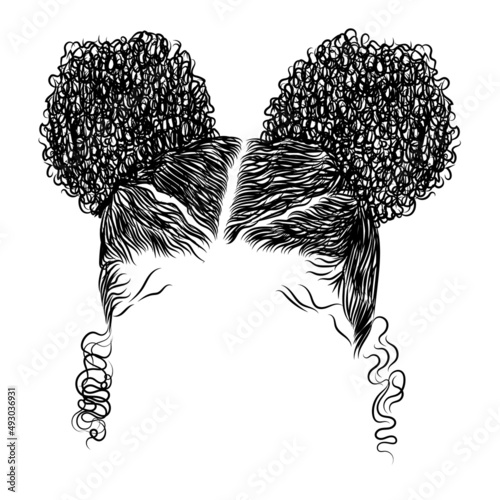 Curly beauty girl illustration isolated on clear background. Double buns with long hair