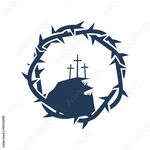 Fotobehang good friday or easter day background design with mount Calvary and three crosses inside a crown of thorns