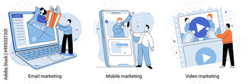 Email, mobile and video marketing technology. Getting new subscribers, likes, messages. Work with advertising and promoting via Internet. Buyer acquisition promotion strategy for social media metaphor