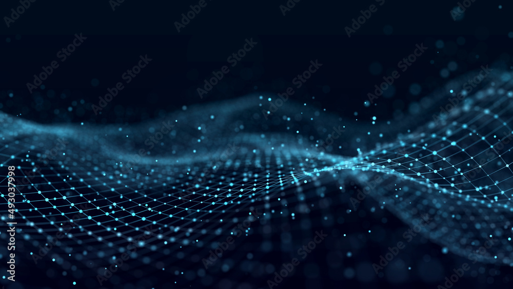A wave of dots and lines of network connection. Technological background. 3D rendering. A wave of dots and lines of network connection. Technological background. 3D rendering.