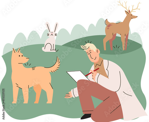 Zoologist study animals in their natural habitat. Scientist exploring and investigating fauna. Tameless animal protection, expedition to wild nature. Professional zoo activist take care of wildlife