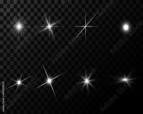 Glow isolated white transparent light effect set, lens flare, explosion, glitter, line, sun flash, spark and stars. Abstract special effect element design. © Hanna