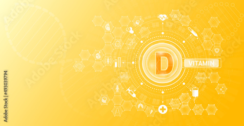 Vitamin D and Mineral supplements complex pharmaceutical capsule. Vitamins food sources and functions. Health care and science icon pattern medical innovation. On a orange background. Vector EPS 10.