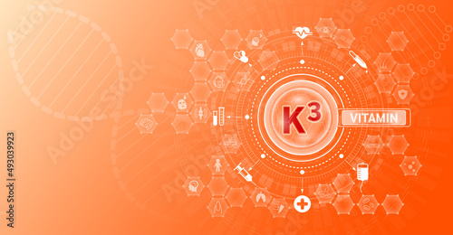 Vitamin K3 and Mineral supplements complex pharmaceutical capsule. Vitamins food sources and functions. Health care and science icon pattern medical innovation. On a orange background. Vector EPS 10. photo