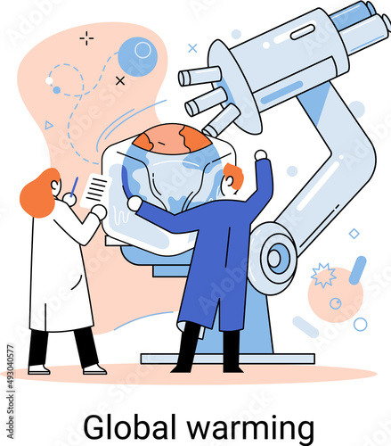 Scientists studying main causes of climate change on planet. People in scientific coats work with global warming analysis. Human impact on ecology of Earth. Exploration of nature, ecological research