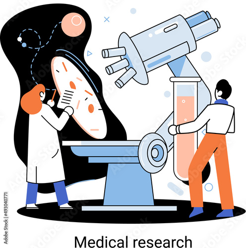 Medical research metaphor. Laboratory diagnostic services, Scientists work equipment and microscope. Virologists chemistry clinic laboratories, microbiology pharmaceutical research. Vaccine discovery