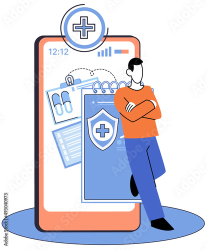 Online medical services, protection medicine. Medical insurance, health care program, shield with cross, hospital services, preventive check up, sick leave certificate, volunteer enrollment project