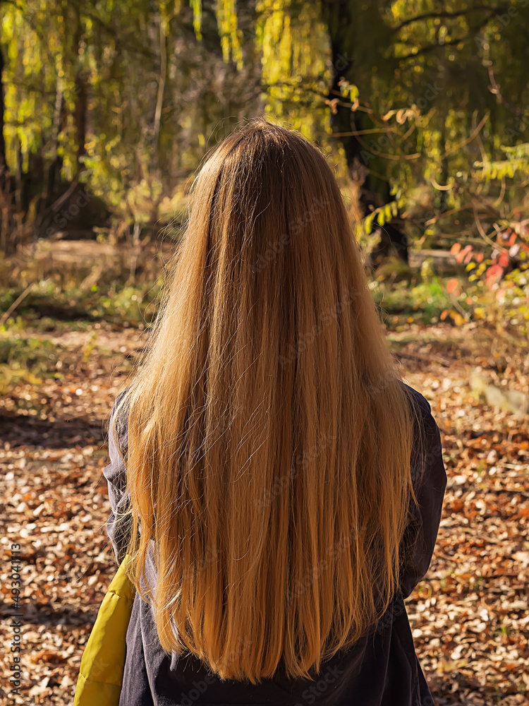A fair-haired woman with long flowing hair stands on a sunny day in an autumn park. Back view. The concept of naturalness A fair-haired woman with long flowing hair stands on a sunny day in an autumn park. Back view. The concept of naturalness