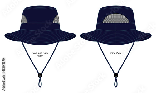 Navy Blue Bucket Hat With Mesh in Sides View Template on White Background. Front and Back Views, Vector File