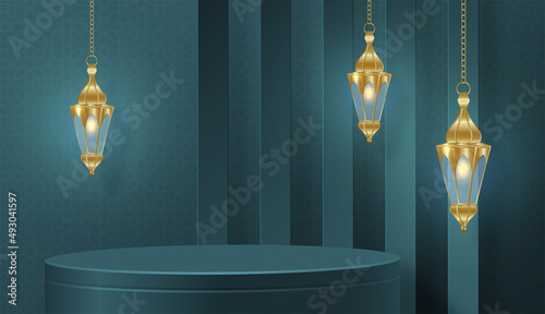 Islamic 3d podium round stage for Eid Mubarak, Ramadan Kareem, Muharram, Iftar on color background
