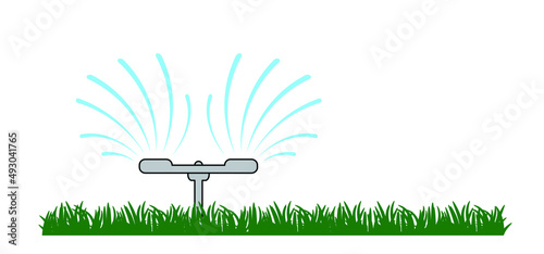 Grass lawn with garden sprinkler. Cartoon gras icon or pictogram. Irrigation system for drip watering lawn, field, or grass. Sprinkler irrigation symbol or logo. Sprinkling with water.Spring time. photo