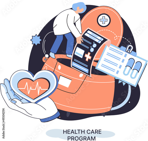 Health care program metaphor, online medical services, protection medicine. Medical insurance, hospital services, preventive check up, sick leave certificate treatment diagnosis patients, telemedicine