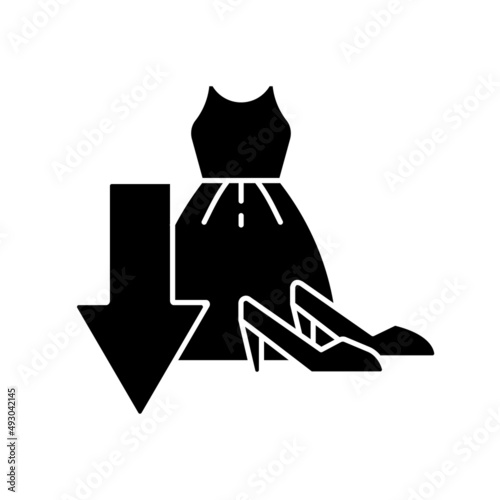 Cut down purchasing of clothes black glyph icon. Avoid overconsumption. Consumerism and shopaholism. Silhouette symbol on white space. Solid pictogram. Vector isolated illustration