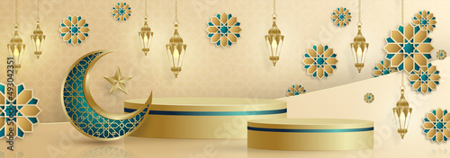 Islamic 3d podium round stage for Eid Mubarak, Ramadan Kareem, Muharram, Iftar on color background