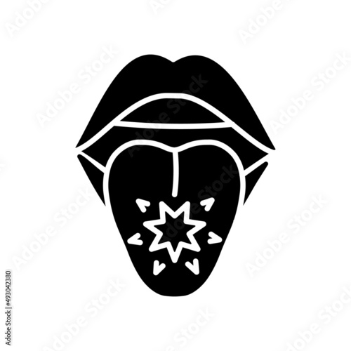 Tongue cancer black glyph icon. Malignant tumors and sores. Mouth and oral cancer. Abnormal cells growth. Silhouette symbol on white space. Solid pictogram. Vector isolated illustration