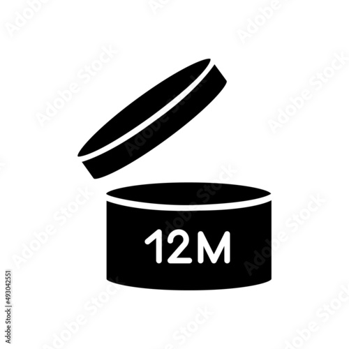 Jar with expiry date black glyph icon. Skin care products shelf life. Best before date label. Beauty products. Silhouette symbol on white space. Solid pictogram. Vector isolated illustration