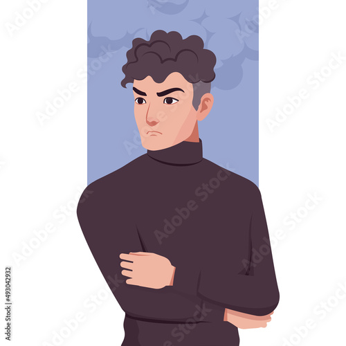 Young handsome businessman portrait, confident pose, seriously thoughtful. Office man, business look smart guy, turtleneck sweater outfits, social media profile picture. Vector flat style illustration