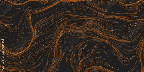 Dark Brown Moving, Flowing Particles in Curving, Arborescent Lines, Striped Pattern - Digitally Generated Dark Futuristic Abstract Geometric Background Design in Editable Vector Format