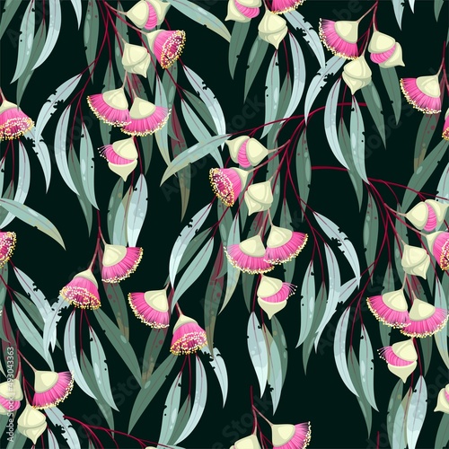 Seamless pattern with hand drawn eucalyptus flower