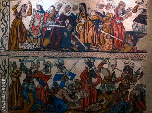 Pinturas murales de la nave central, siglo 14. Detalle. Catedral de Mondoñedo. Provincia de Lugo, Galicia, España.